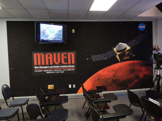 MAVEN and its destination, Mars, depicted on an entire wall in the spiffed up Kennedy Space Center media studio/auditorium.
